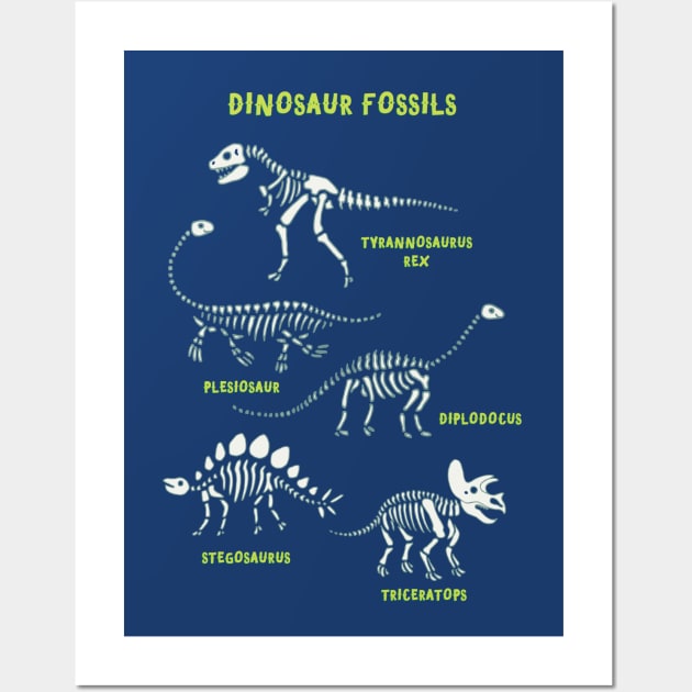 Dinosaur Fossils - placement - Lime on blue Wall Art by Cecca